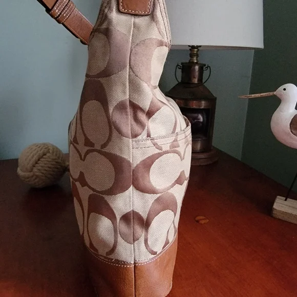 Coach North South Signature Duffel in Khaki Jacquard w/ Brown Leather #F17490 - Picture 4 of 15